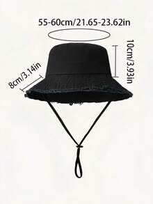 1pc Women's Drawstring Trim Bucket Hat, Adjustable Chin Strap Design, Distressed Finish, Soft Fabric, Sun Protection, Windproof, Fashionable - A - View 10
