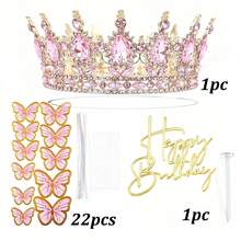 24pcs/3pcs Luxury Rhinestone Crown Happy Birthday Butterfly Cake Topper Set, Suitable For Princess Queen Birthday Party Cake Dessert Decoration - Multicolor - View 12