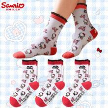 SANRIO 1雙/3雙 女款正版授權 Hello Kitty 紅白對比荷葉邊中筒襪，滿版提花，不易開裂，復古學院風，青春風格中筒襪，適合四季穿著，最佳好友生日禮物、節日週年禮物、聖誕節、新年假期、派對伴手禮 - 白色 - 查看 6