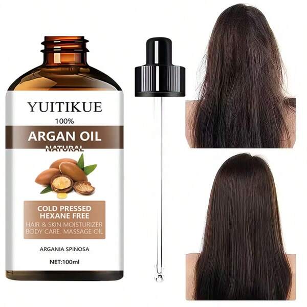 YUITIKUE 100% Pure Cold Pressed Argan Oil 100ml, Hexane-Free Natural Argania Spinosa Oil For Hair, Skin, Body & Massage, Deep Moisturizer For Dry Hair, Scalp & Skin Multi-Use Treatment Oil