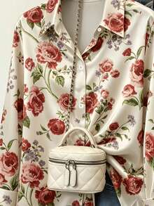 Women's Rose Print Satin Long Sleeve Blouse, Elegant Button Collar Top, Suitable For Spring Wear, Polyester Fabric, Regular Fit - Apricot - View 5