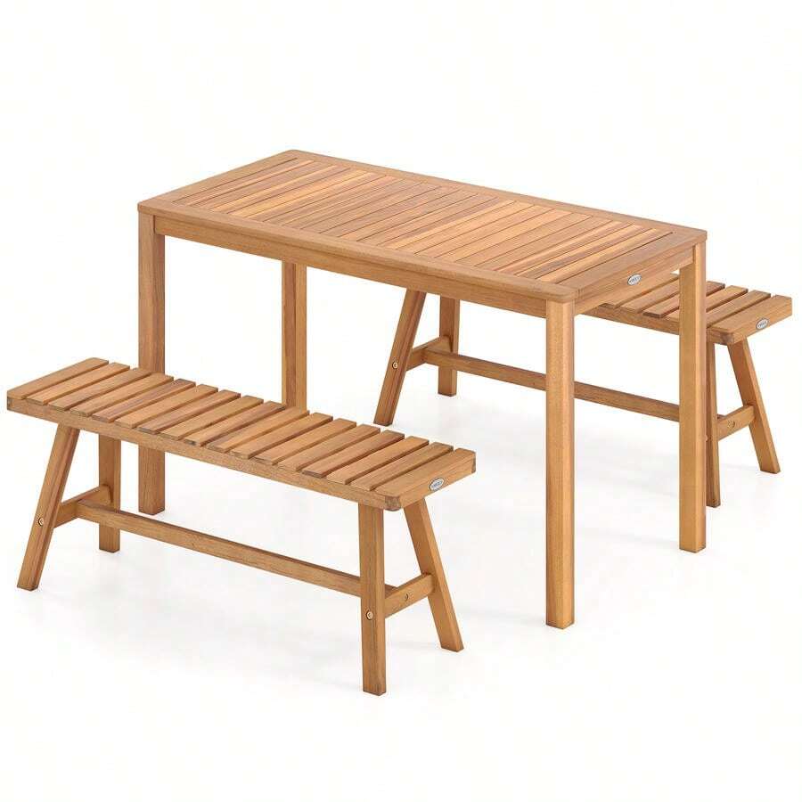 3 Pieces Acacia Wood Patio Dining Set Outdoor Rectangular Table And Benches With Slatted Seats-XY418686 - FXC7F3B9Z7B8R0 - View 1