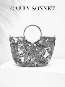 CARRY SONNET - Damen Handtasche mit besticktem Blumenmuster und Ringgriff, strukturierte Halbmond-Tasche für Party und Anlässe - Silber - Übersicht 1