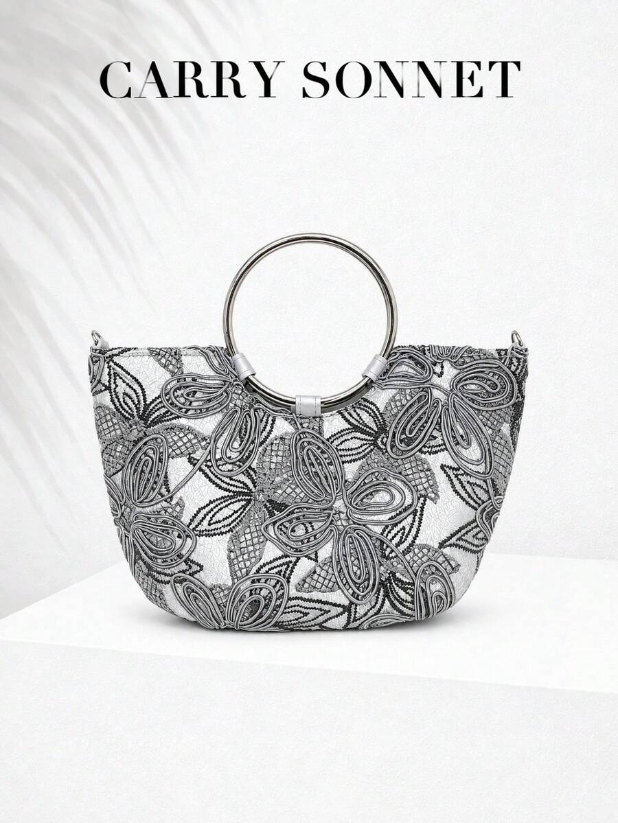 CARRY SONNET - Damen Handtasche mit besticktem Blumenmuster und Ringgriff, strukturierte Halbmond-Tasche für Party und Anlässe - Silber - Übersicht 1