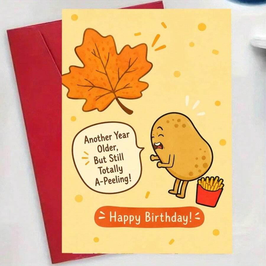 Tarjeta de felicitación de cumpleaños con juego de palabras humorístico sobre comida, ilustración de patata bailando con patatas fritas - 13x18cm - Ver 1