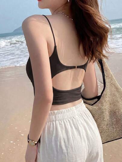 Atasan Camisole Seksi Tanpa Punggung untuk Wanita dengan Bra Berbantalan, Atasan Tanpa Lengan, Kasual Musim Panas