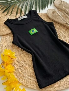 Women's Tank Top Summer 2026 Brazilian Flag Embroidered Ribbed Knit - Black - View 2