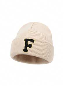 1 pieza Gorro de punto con letras A-Z para niños, gorro de punto de unicolor y cálido, adecuado para recién nacidos en el hospital, bebés, niños pequeños, niños y niñas, perfecto para uso al aire libre y diario - Beis - Ver 10