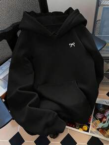 Moda de mujer Clásico Lindo Patrón de lazo Estampado Otoño/Invierno Cálido Forrado Sudadera con capucha Para mujer Ropa de uso diario Top Bolsillo de canguro - Negro - Ver 1