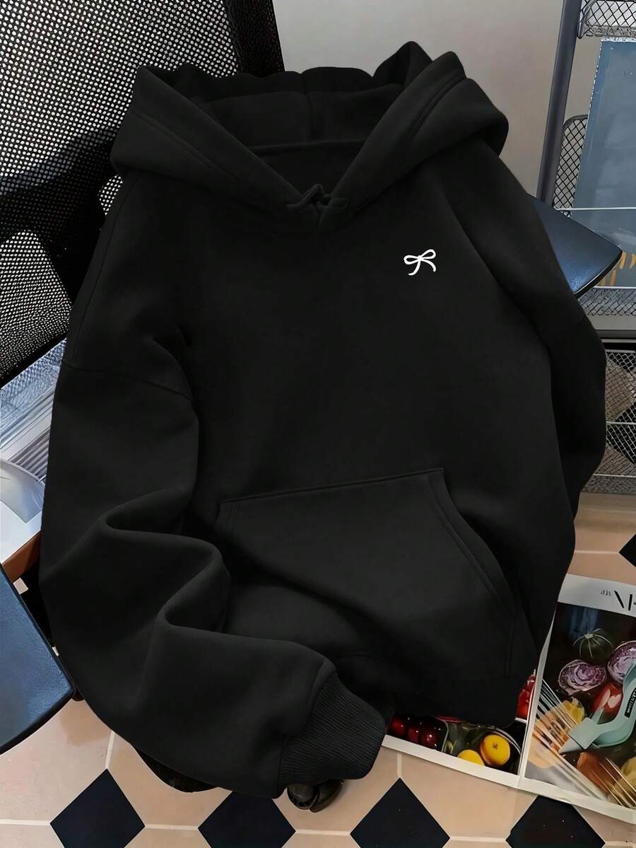 Moda de mujer Clásico Lindo Patrón de lazo Estampado Otoño/Invierno Cálido Forrado Sudadera con capucha Para mujer Ropa de uso diario Top Bolsillo de canguro - Negro - Ver 1
