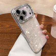 Funda de teléfono con textura de concha arcoíris de cobertura completa, marco de cámara de diamante con estampado de amor lindo, funda protectora ultra delgada resistente a arañazos, compatible con iPhone 17 16 15 14 13 Pro Max 12 Pro Max 11, varios regalos para días festivos - Blanco - Ver 2