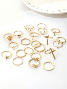 Juego de 22 piezas de anillos apilables vintage dorados, combinación de anillos para dedo con cruz, corazón, herradura, serpiente, strass y perlas para mujer - Dorado - Ver 3