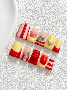 10pcs Fashion Handmade Press-On Nails, Polygel Nail Art Set, Striped Hollow & Star Design, Yellow-Red Color Scheme, Pink Nail Polish, Unique Style, Includes Nail Tools, 3 Sizes Available, Almond, Duck, Coffin Shape, Suitable For Party, Dancing, Daily Wear - 彩色 - 查看 2