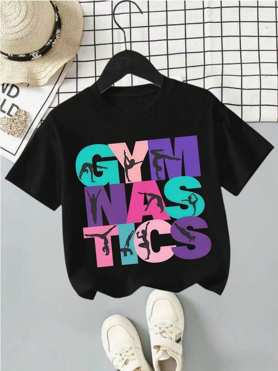 Nueva Camiseta de Cuello Redondo para Niñas, 95% Algodón, Estampado Casual y de Moda - Negro - Ver 1