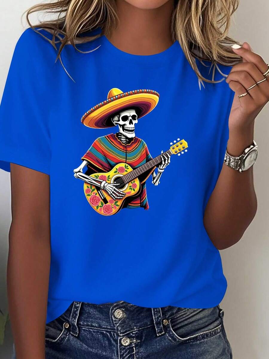NUEVA Camiseta de Mujer con Diseño de Calavera de Mariachi Mexicano y Guitarra - Camiseta de manga corta 100% suave en los colores de la bandera mexicana (verde, rojo, dorado) - Adecuada par - Azul - Ver 1
