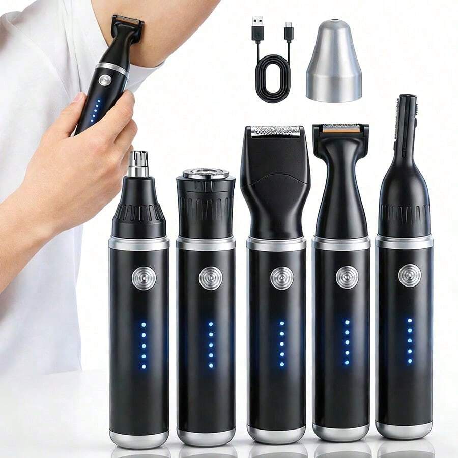 1 bộ dụng cụ chăm sóc nam giới chuyên nghiệp 5 trong 1, máy tỉa lông mũi và tai, dao cạo râu và lông mày, máy cạo râu điện sạc USB, thiết kế để tẩy lông cơ thể, unisex, giúp tẩy lông mày và lông mặt không đau - Bộ dụng cụ chăm sóc cá nhân 5 trong 1 dành cho nam giới - Xem 1