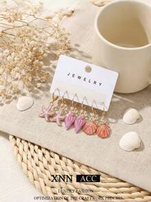 6件組全新海洋系列海灘貝殼耳環，夏季度假風海螺與海星合金琺瑯垂墜耳環，女款 - 彩色 - 查看 7