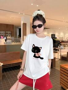 夏季新款 Gen Z 風格女款可愛小貓印花圓領短袖休閒白色 T 恤 - 白色 - 查看 2