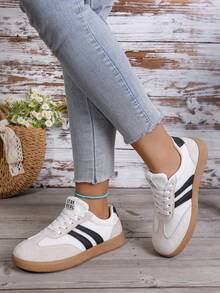 Sodalemon Women's Vintage Colorblock Sneakers, Casual Lace-Up Running Shoes, Comfortable Thick Sole Training Shoes - White - View 4