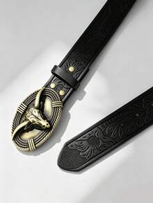 Cinto Masculino Estilo Ocidental de Couro Sintético com Fivela de Cabeça de Touro | Design Floral em Relevo Durável Preto - Adequado para Eventos Ocidentais, Festas e Presentes - Preto - Visão 5