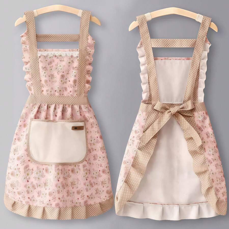 1pc Floral Lace Princess Apron With Hand-Wiped Pockets - Lightweight Microfiber, Ruffle Hem, Adjustable Shoulder Straps, Suitable For Kitchen, Living Room, Bathroom Cleaning