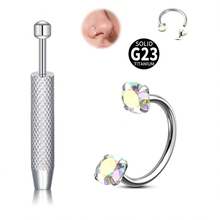 2pcs/Set ASTM F-136 Titanium Alloy 20G Micro Horseshoe Nose Ring & Grip Tool - Sparkling Zirconia Nose Ring, Suitable For Cartilage, Tragus Or Helix Piercing - Silver - View 14