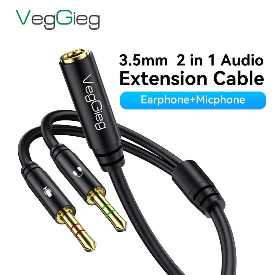 VegGieg 3.5mm 2-In-1 Audio Splitter Cable 1 Female To 2 Male Gold-Plated Headphone Microphone Adapter For PC Gaming Headsets - View 1