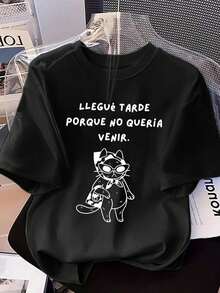 New Fashion Women's Crew Neck Shirt, Casual Short Sleeve Crew Neck T-Shirt With Cool Cat Print, Size, Black, Spring 2026 - 黑色 - 查看 1