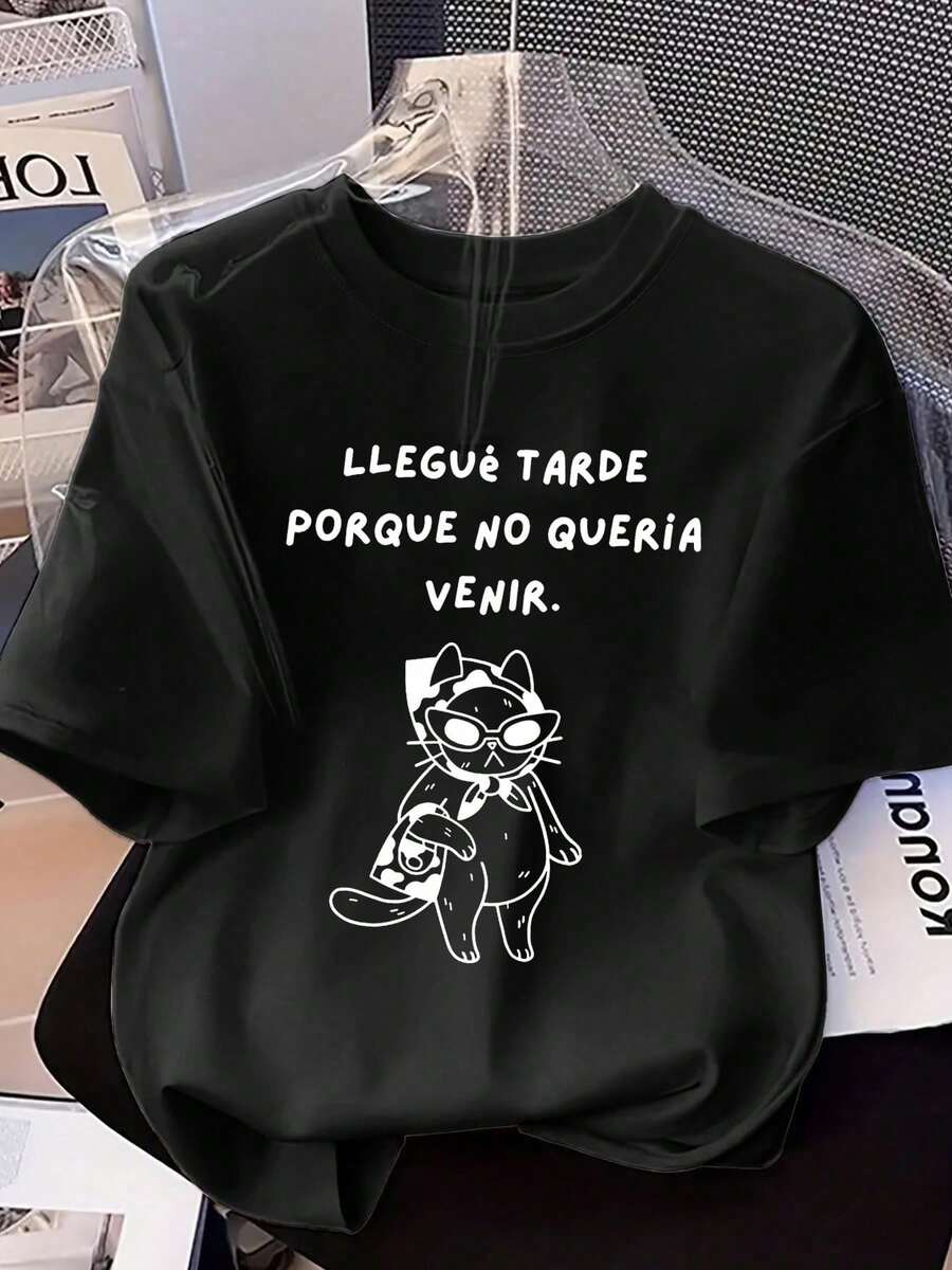 New Fashion Women's Crew Neck Shirt, Casual Short Sleeve Crew Neck T-Shirt With Cool Cat Print, Size, Black, Spring 2026 - 黑色 - 查看 1