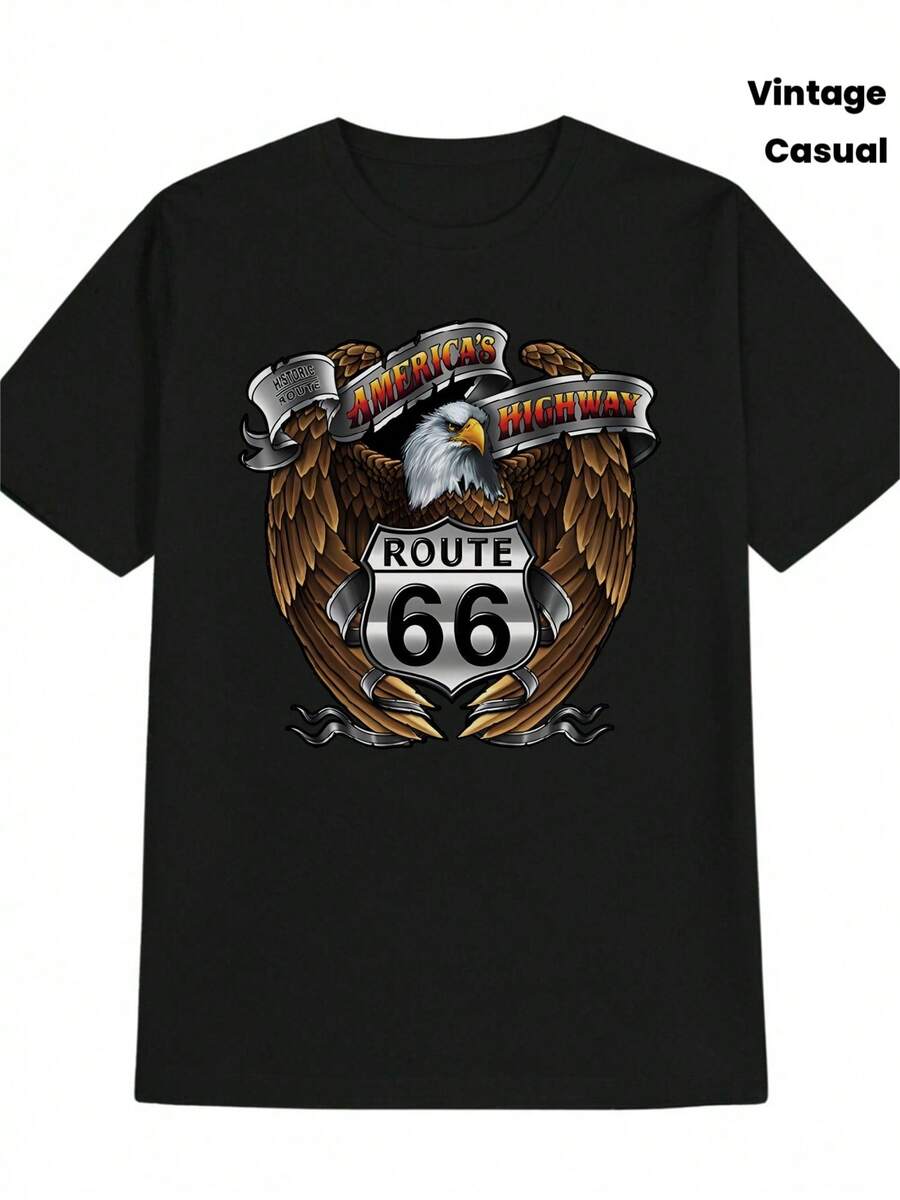 La camiseta  para hombre presenta un diseño vintage de mapa y escudo, perfecta para viajes por carretera y uso casual, lo que la convierte en un regalo conmemorativo retro ideal. - Negro - Ver 1