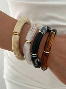4pcs/1 pieza Pulseras elásticas de cuentas acrílicas multicolor estilo bohemio elegante vintage para mujer, adecuadas para uso diario, fiestas, vacaciones, apilables, para regalo - Multicolor - Ver 5