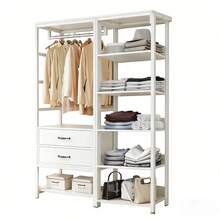 WUWAWDOGA Modern Open Modular Wardrobe For Bedroom With 2 Drawers, Multiple Built-In Shelves And Hanging Rails. White. - White - View 12