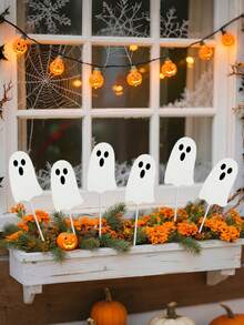 6pcs Halloween Ghost Garden Decor Stakes, Autumn Harvest Garden Signs, White Little Ghost Fall Yard Decor Stakes, Outdoor Decoration, Suitable For Halloween, Harvest Thanksgiving Home Lawn Porch Holiday Front & Backyard Decor, Garden Decor Stakes, Halloween Table Centerpiece Bouquet Decor, Flower Pot Decor, Halloween Decoration - White - View 6