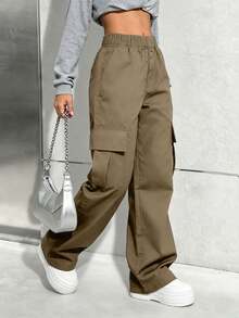 1 pieza Pantalones cargo de ajuste holgado de unicolor y de moda para niñas preadolescentes, cómodos para primavera y otoño con múltiples bolsillos - Camel - Ver 4
