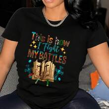 GiftBattles Camiseta de Moda para Mujer con Estampado de Letras y Libros Coloridos, Cuello Redondo, Manga Corta Casual para Primavera y Verano, Ropa de Mujer Suave - Negro - Ver 1