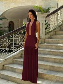 Sexy Deep V-Neck Mesh Patchwork Backless Halter Neck Tie Dress, Beach Dress, Cocktail Music Festival Gown - Red Violet - View 4