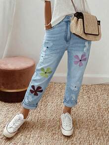Sweet Casual Elegant Bohemian Denim Embroidered Pocket Zipper Button Women's Jeans Country Music Concert Travel Daily Home All Seasons - Light Wash - View 4