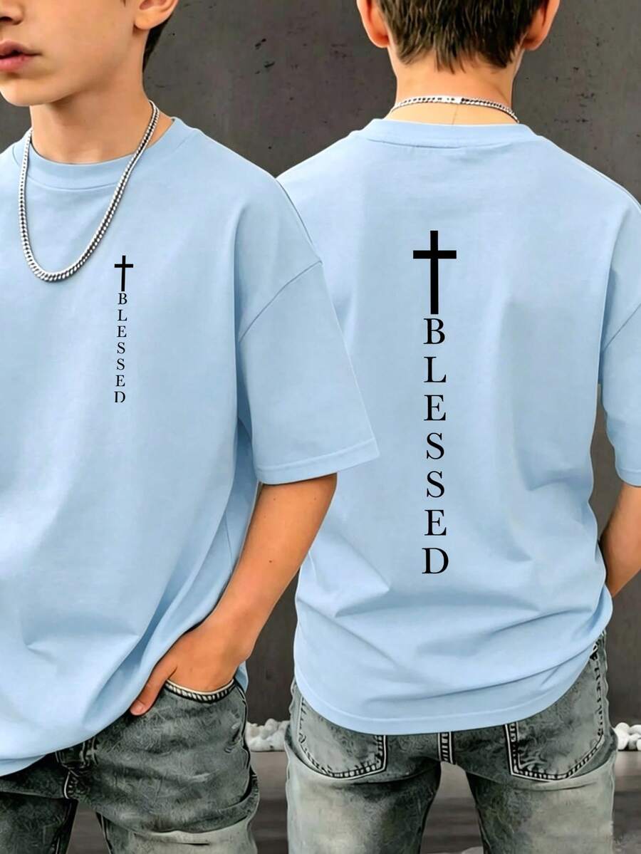 青少年男孩口號印花T恤,適合男孩戶外運動,男孩春/夏休閒百搭上衣 - 淺藍色 - 查看 1