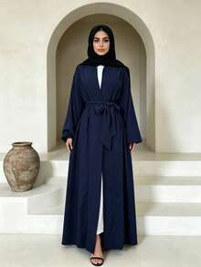 Open Front Abaya With Belt, Elastic Cuffs Modest Muslim Dress, Casual Dubai Style Islamic Clothing - Multicolor - View 18