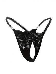 1 Floral Lace Thong | Women's Sexy Underwear And Lingerie With Contrasting Lace Details, Breathable And Comfortable With Open Tie - 黑色 - 查看 3