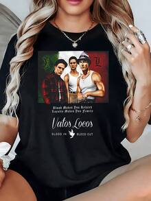Bandera mexicana con tres amigos representando unión lealtad y fraternidad camiseta de mujer casual moderna cómoda para uso diario - Negro - Ver 1