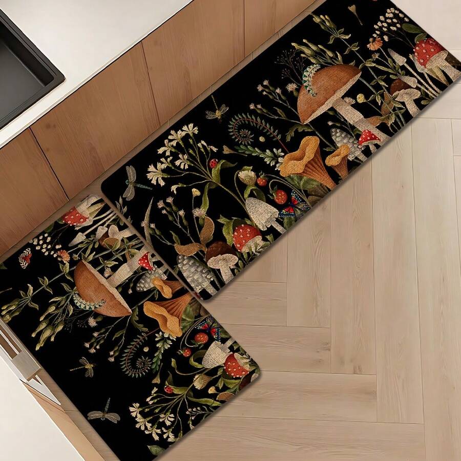 1pc, Home Decor, Mushroom Pattern Printed, Linen Kitchen Rug, Kitchen Mat, Floor Mat, Bathroom Mat, Door Mat, 3D Printed Rectangular, Suitable For Living Room, Bedroom, Hallway, Bathroom, Laundry Room - Polyester Rug, Suitable For Indoor And Outdoor Home Decor - Multicolor - View 1