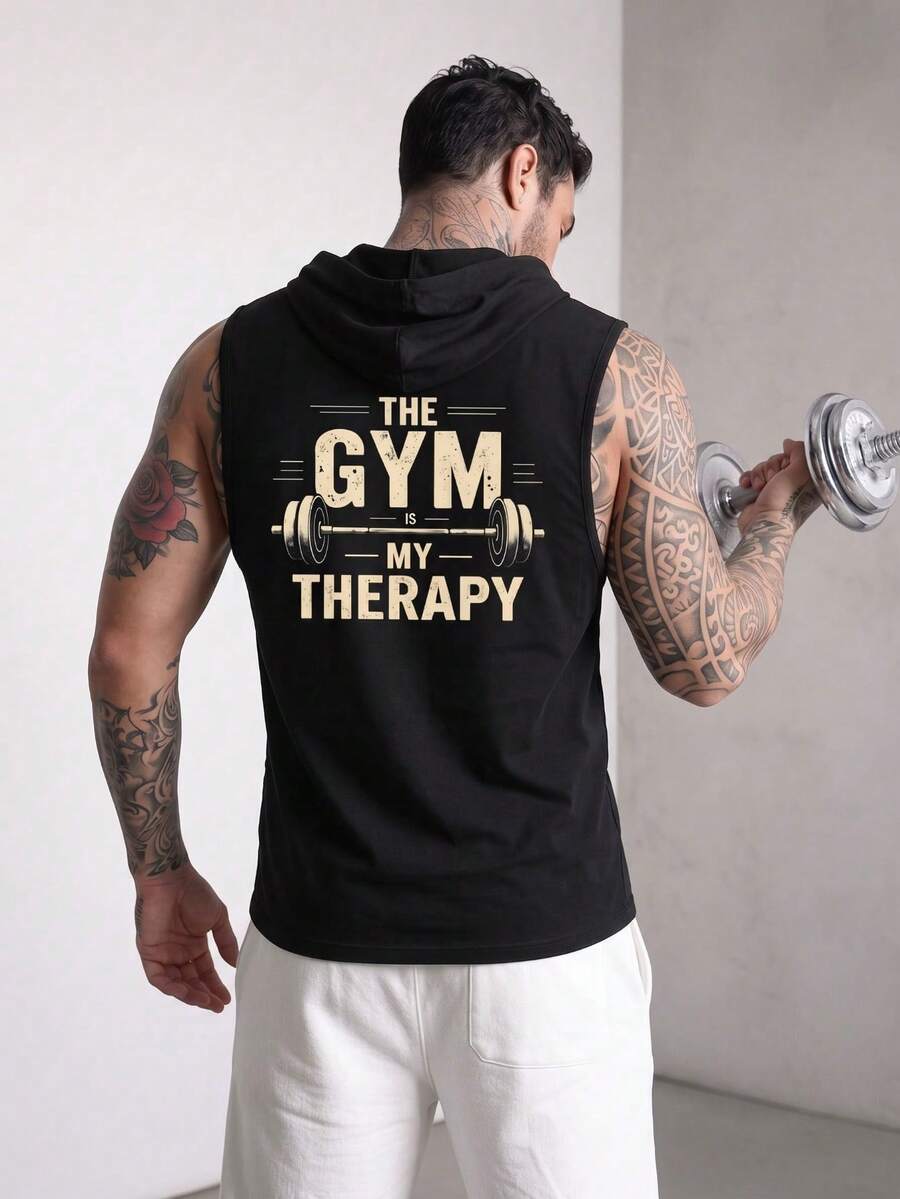 ZYNTH BALENO 男士时尚“GYM”印花无袖连帽T恤，适合日常穿着和四季运动。 - 黑色 - 查看 1
