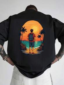 Camiseta de hombre con hombros caídos, camiseta holgada con estampado de doble cara para disfrutar de las puestas de sol en la playa y las vacaciones junto al mar, nueva ropa de hombre a la - Negro - Ver 3