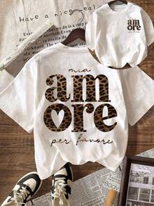 Leopard Pattern "AMORE" Italian Graphic T-Shirt, Women's Casual Round Neck Short Sleeve Solid Color Minimalist T-Shirt, Suitable For Summer - 魏斯 - 查看 1
