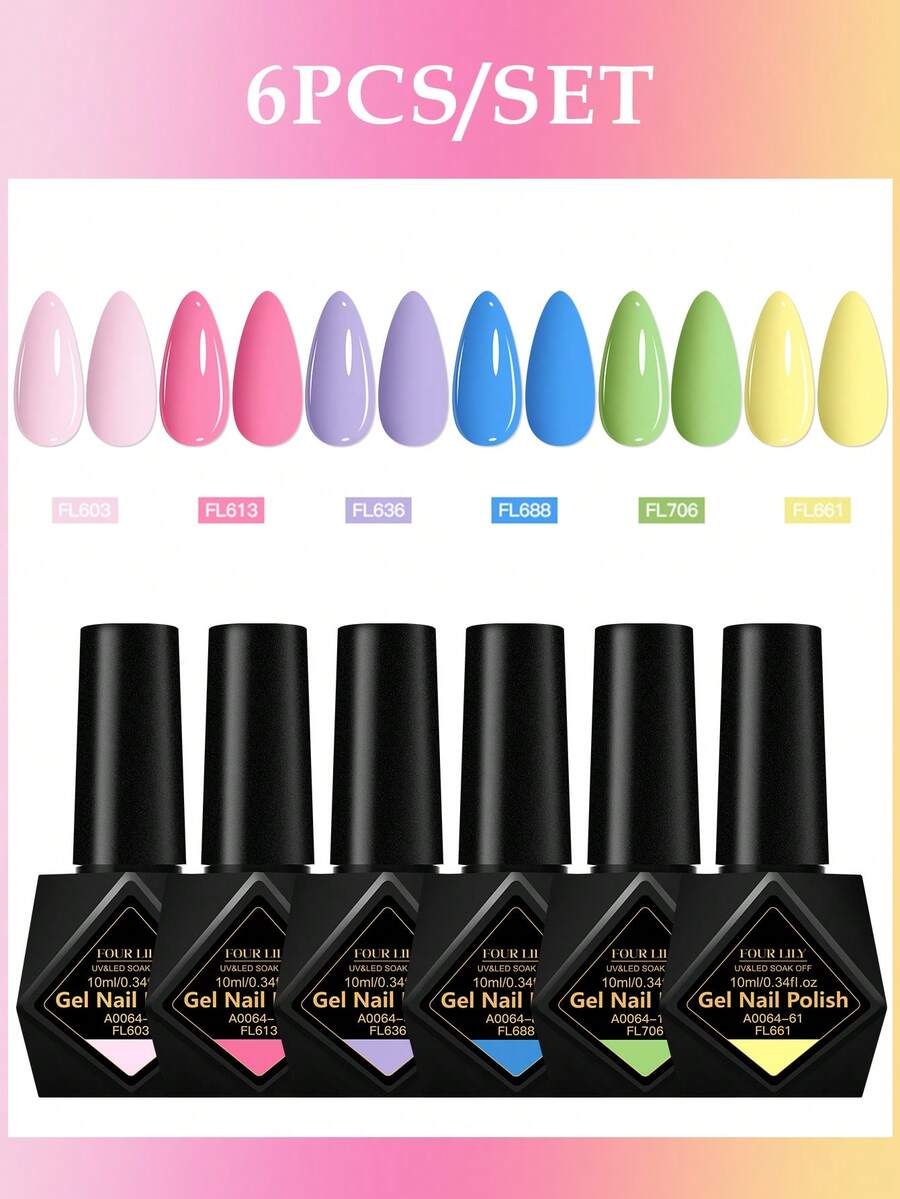 FOUR LILY 6pcs 10ml Macaron Color Gel Nail Polish Set, HEMA TPO Free Semi-Permanent Soak-Off UV Gel Nail Polish, Suitable For Summer Nail Art, Long-Lasting, Lead-Free, DIY Nail Design Decoration, Nail Painting Gel, Suitable For Salon And Home Nail Supplies
