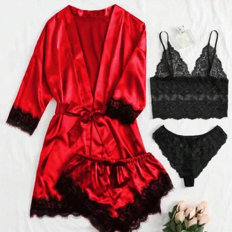 Sexy Women's Pajamas, Nightgowns, Lingerie, Shorts, 4-Piece Lace Camisole, Pajama Set, Loungewear, Nightgowns, Leisurewear - 紅色 - 查看 1