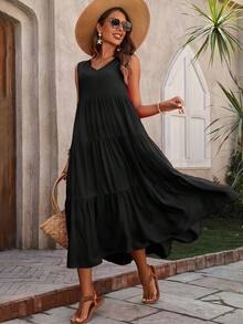 Elegant Holiday Dress With V-Neck And Loose Ribbed Hem - Black - View 3