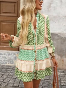 Vestido mini con estampado de bloques de color para mujer - Verde - Ver 1