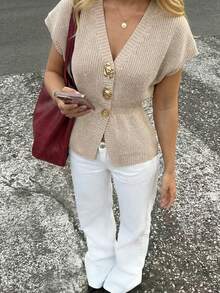 Vintage Luxury V-Neck Knit Short Sleeve Cardigan Women's Summer New Slimming Waist Metal Button Elegant Commute Top - Apricot - View 3